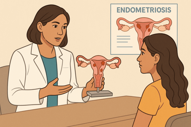 endometriosis fertility consultation with doctor explaining reproductive system model to patient