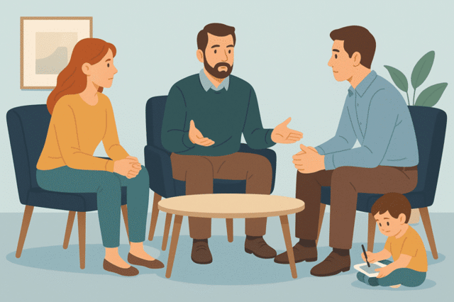 co parenting conflict discussion between parents in a calm mediation session with a family therapist