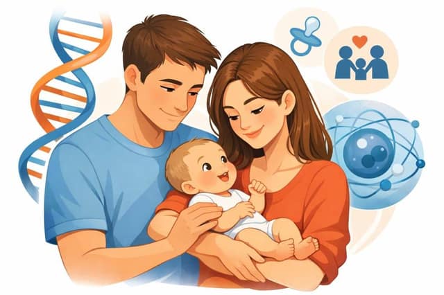 Illustration of happy parents holding their baby, with DNA and family icons symbolizing genetics, fertility, and parenthood