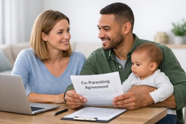 Co-parents reviewing and signing their co-parenting agreements together while caring for their baby