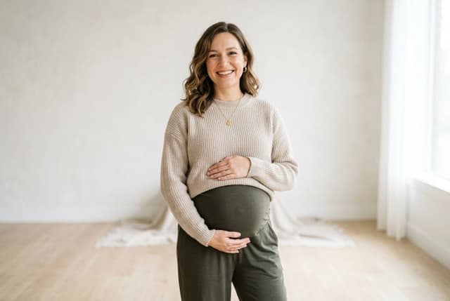 Happy pregnant woman smiling and holding her belly showing possibility to get pregnant without a man through sperm donation