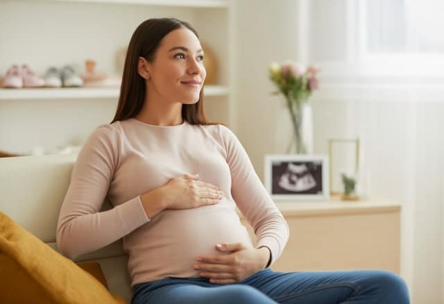 I want to become a mum pregnant woman sitting at home gently holding her belly
