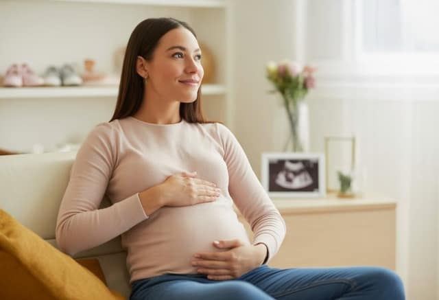 I want to become a mum pregnant woman sitting at home gently holding her belly