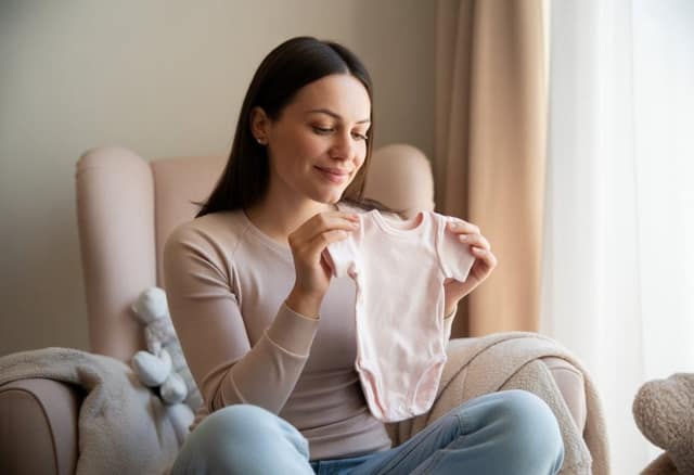 Want a Baby But Single woman holding baby clothes in a nursery