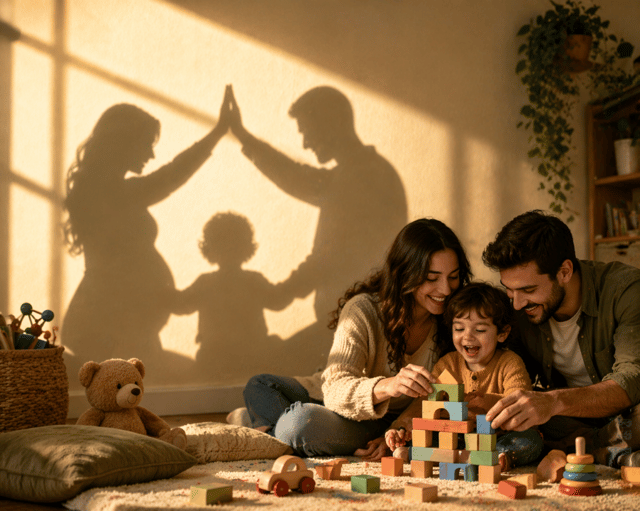 shared parenting – parents and child playing together at home with a symbolic family shadow in the background