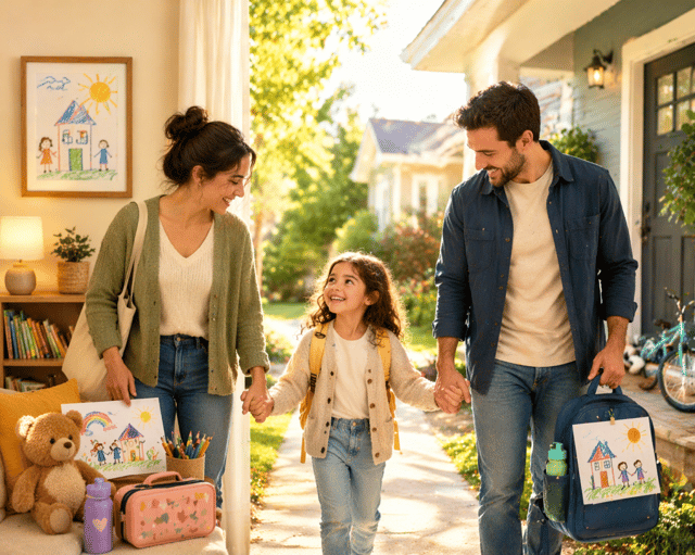 shared custody – parents walking their child to school together while holding hands