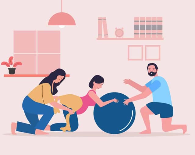 hypnobirthing practice showing pregnant woman using breathing techniques with partner support and birth ball