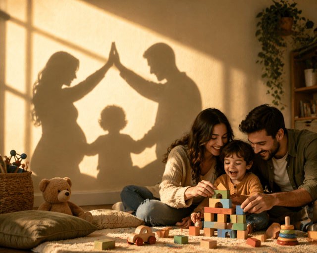 shared parenting – parents and child playing together at home with a symbolic family shadow in the background