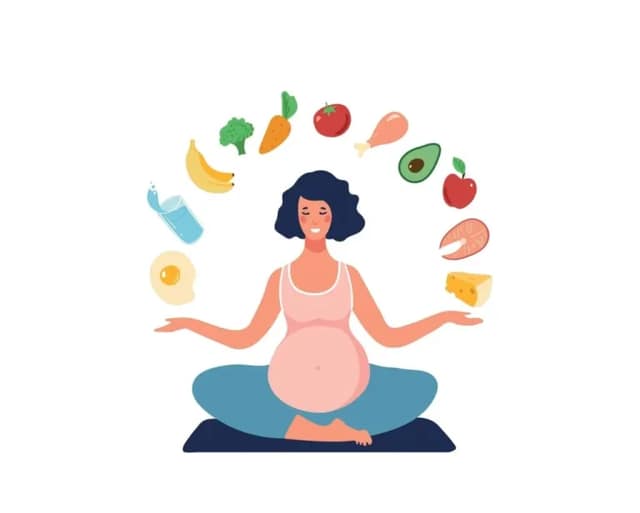 baby food – illustration of a pregnant woman surrounded by healthy foods supporting baby development