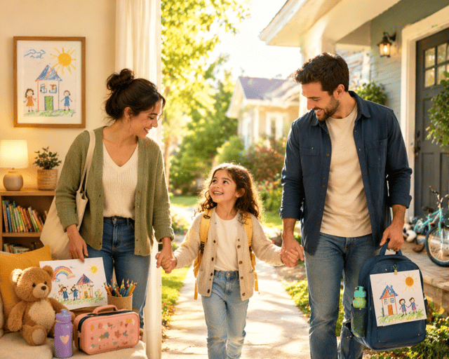 shared custody – parents walking their child to school together while holding hands