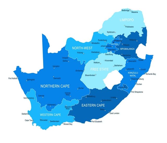 South Africa map with cities and regions illustrating sperm donor South Africa