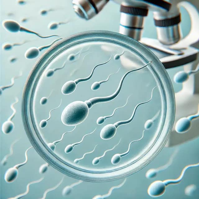 A medical illustration representing low sperm count (oligospermia). The image shows a stylized view of sperm cells under a microscope
