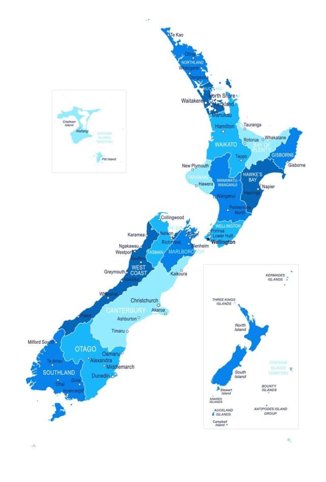 New,Zealand,Map.,Cities,Regions,Vector,Illustration