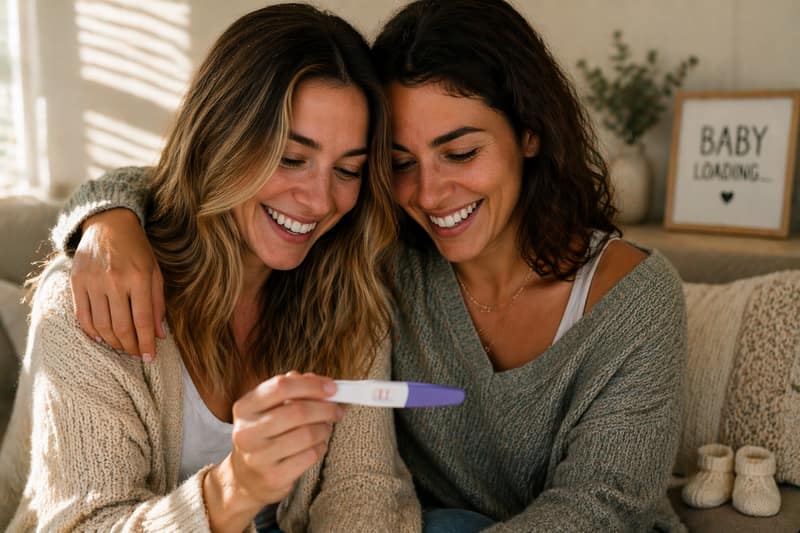 trying for a baby – same-sex couple smiling while looking at a positive pregnancy test