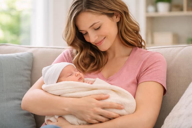 Single woman holding newborn baby at home