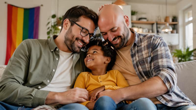 LGBT parenting – two fathers sharing a loving moment with their child at home