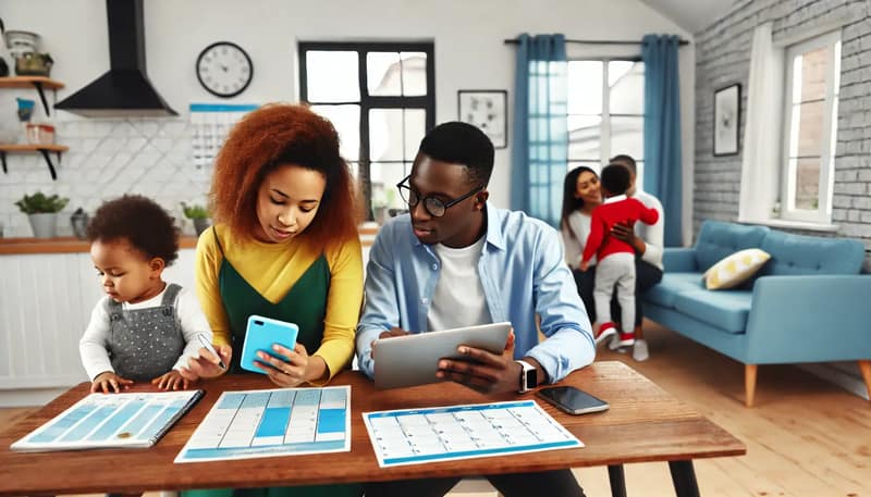 A diverse couple using a tablet and smartphone to manage their co-parenting schedule with one of the best co-parenting apps