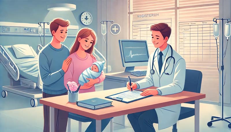 New parents filling out a birth registration form at a hospital desk in the US with a friendly hospital staff member assisting them