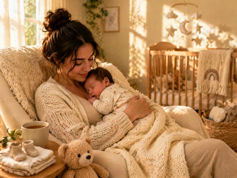 first time mom – new mother holding her sleeping baby in a cozy nursery setting