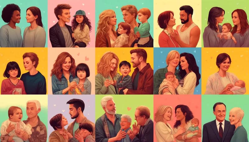 Colorful collage of same-sex couples with their children illustrating gay parents in modern families