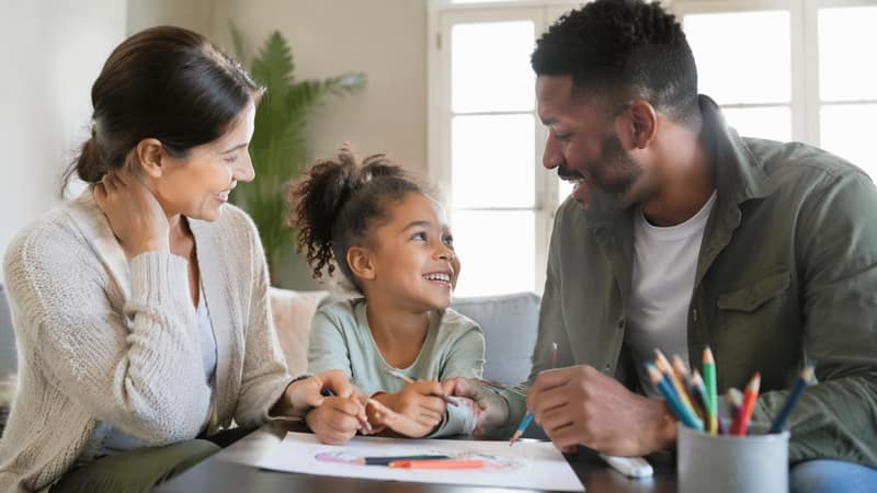 co parenting – parents and child drawing together at home and sharing a happy moment