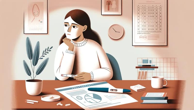Illustration of a woman considering her options to get pregnant without a man, looking thoughtfully at family planning resources