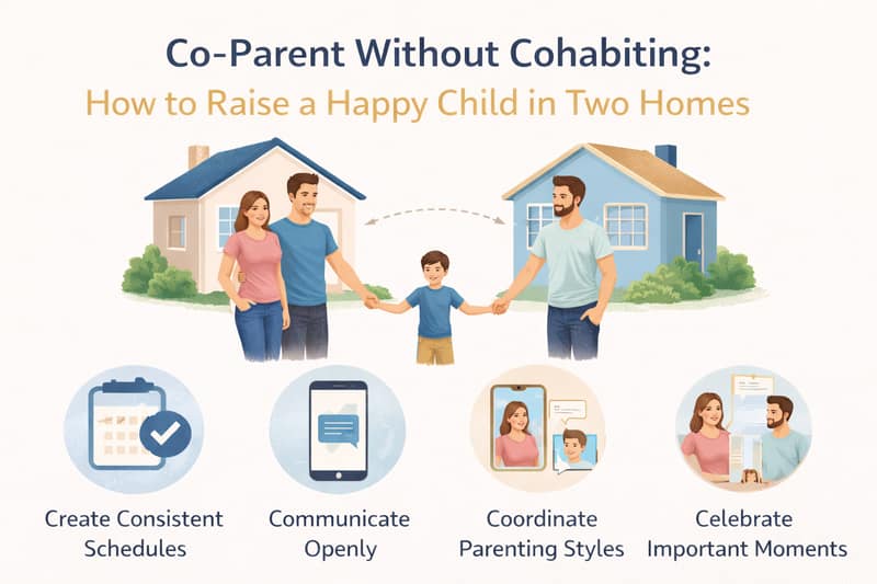 Co parent without cohabiting raising child between two homes illustration