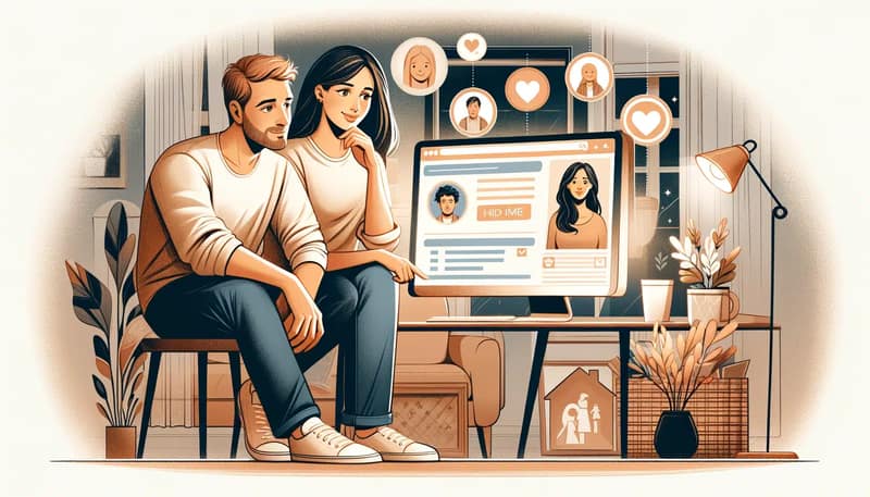 an illustration to accompany a blog post about finding a co-parent match online. The scene shows a man and a woman looking at a computer screen