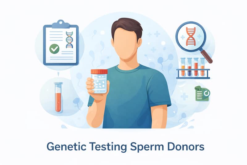 Genetic testing sperm donors illustration showing donor sample with DNA analysis and medical testing icons