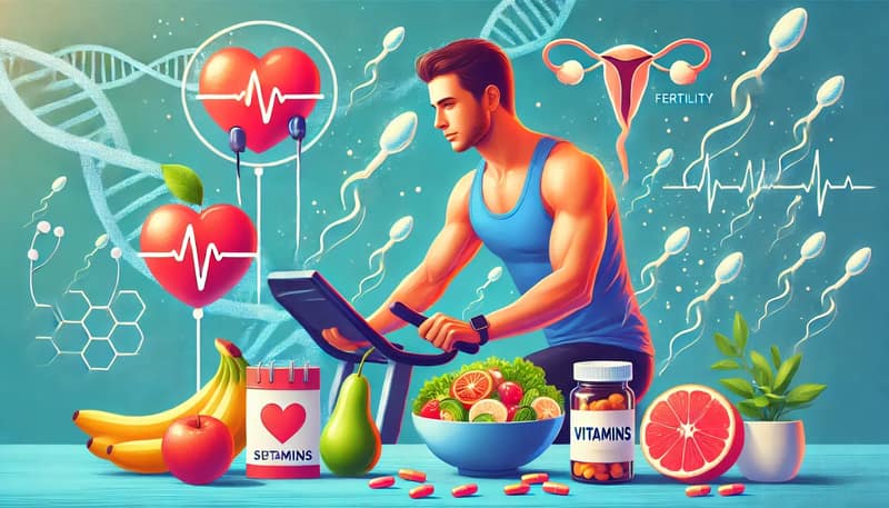 Man exercising on bike surrounded by healthy food, vitamins and fertility symbols showing how to increase sperm count naturally