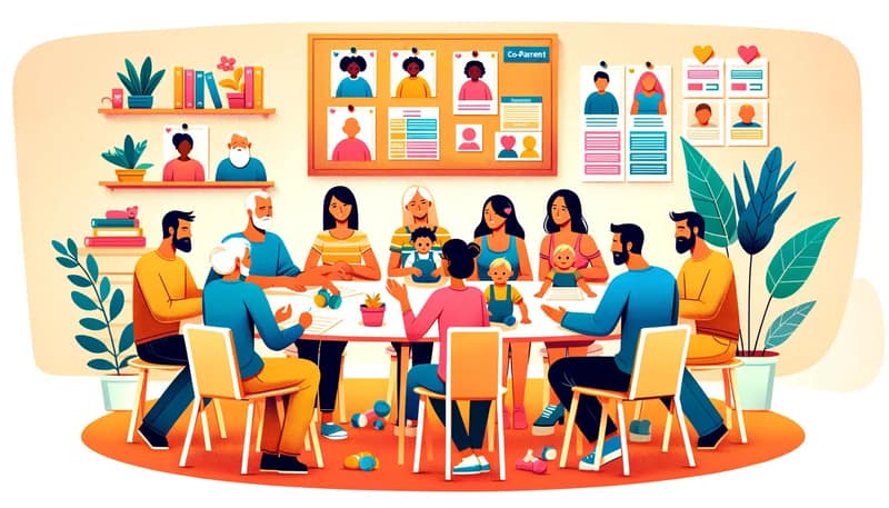 Illustration showing diverse families meeting to find a co-parent