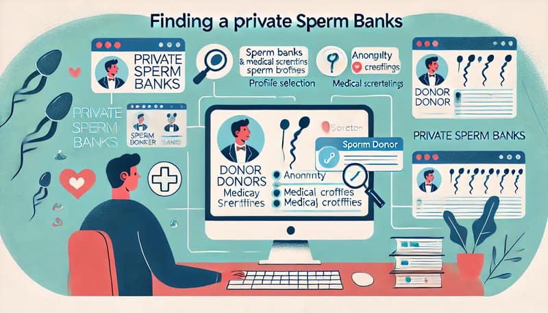 Illustration of a person researching private sperm banks on a computer, comparing donor profiles and prices