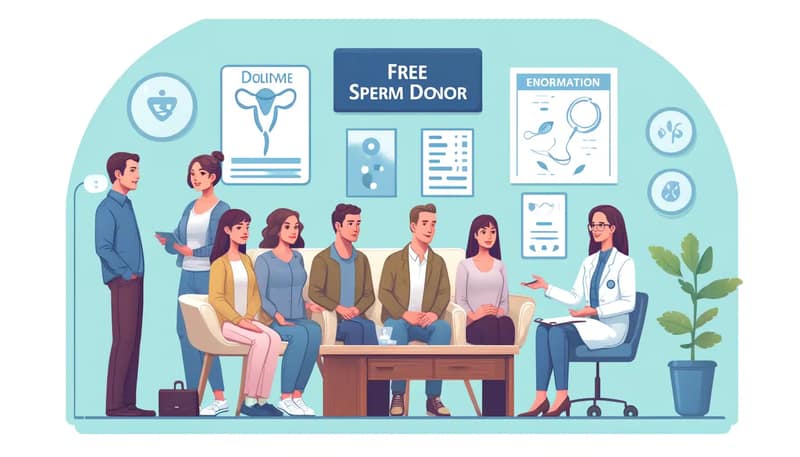 An illustration showing the process of finding a free sperm donor. The scene includes a diverse group of people, including single women and couples