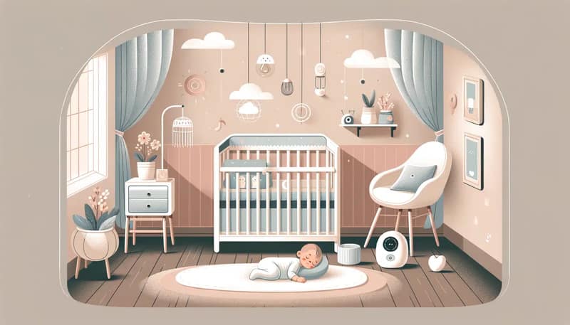 Sleep training baby in a calm nursery with peaceful infant sleeping in crib
