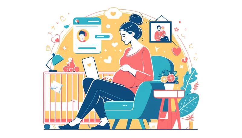 An illustration depicting a pregnant woman using a dating site designed for expectant mothers. The scene includes her sitting comfortably in a cozy house