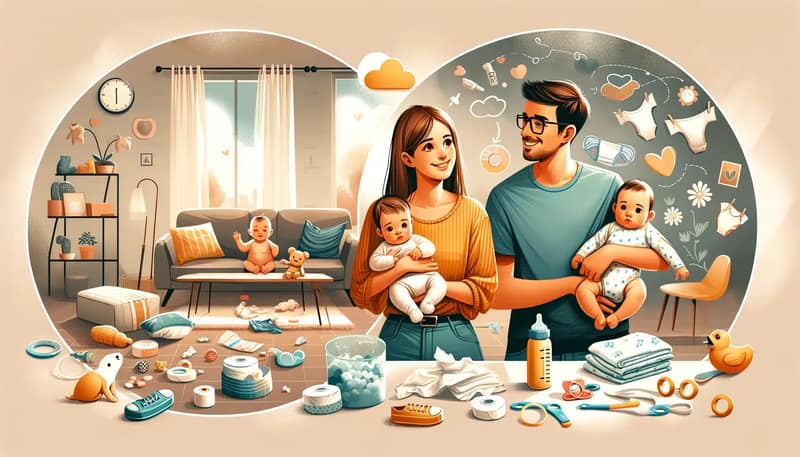 An illustration to accompany a blog post about how life changes after having a baby. The scene shows a couple adjusting to life with their newborn