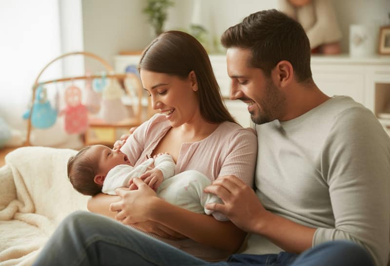 Life after having a baby parents holding newborn together in a warm and intimate home setting