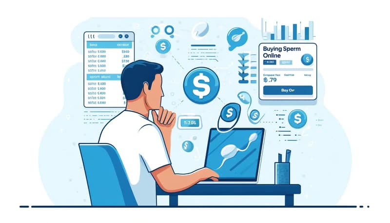 An illustration showing the process of buying sperm online and its costs. The scene includes a person using a laptop in a modern home office