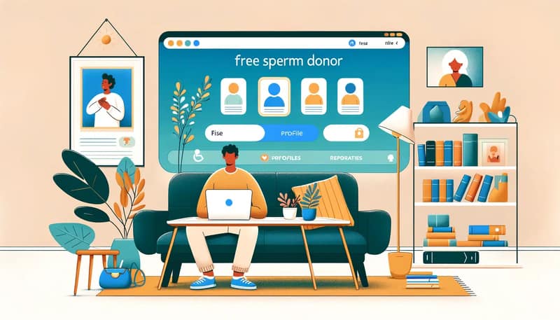An illustration showing the process of finding a free sperm donor online. The scene includes a person using a laptop or smartphone
