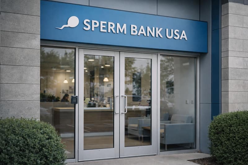 Sperm bank clinic entrance with reception visible inside fertility center