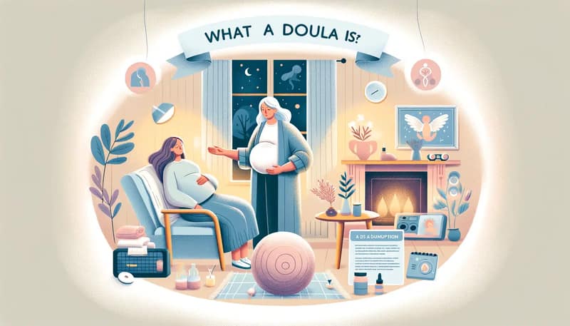 Illustration of a doula providing calm support to a pregnant woman, explaining what is a doula and how doulas help during birth