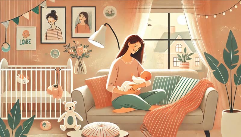 New mother enjoying her maternity leave on a couch with her baby