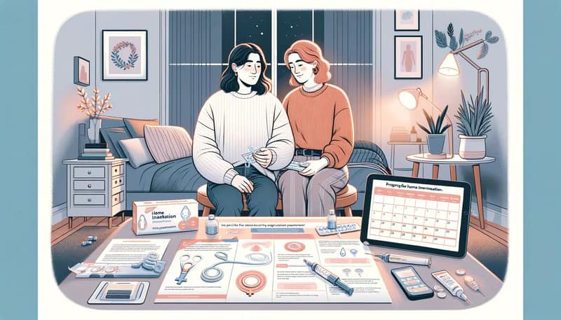 An illustration to accompany a blog post about preparing for home insemination, featuring a lesbian couple. The scene shows the two women setting up