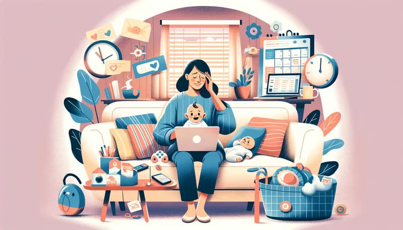 Illustration of a new mother sitting on a couch during maternity leave, reflecting the emotional challenges and complex maternity leave emotions many women experience