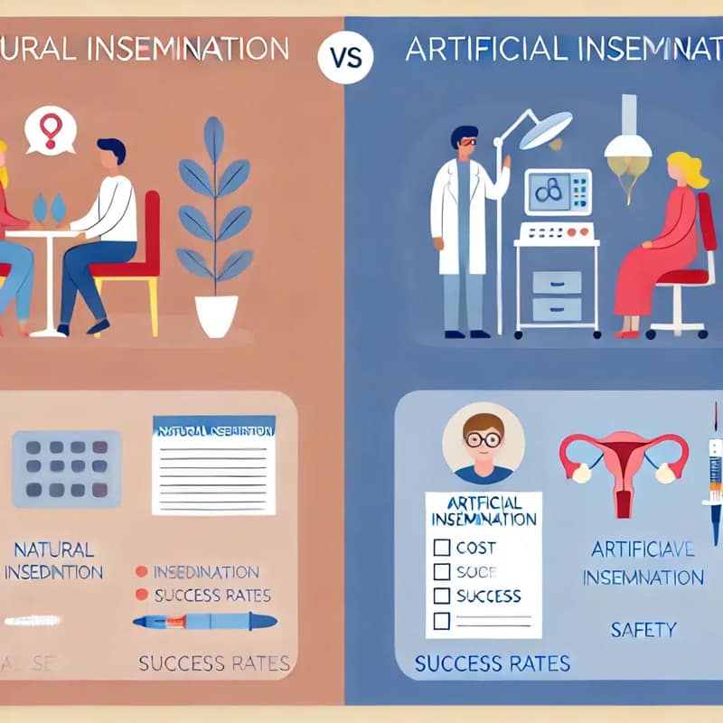 Illustration comparing natural vs artificial insemination, showing a private setting on one side and a clinical environment on the other