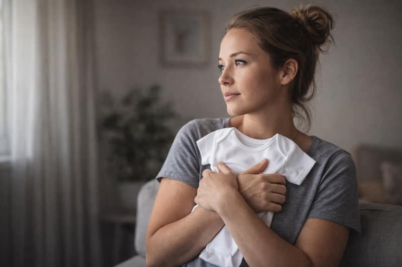 Single and want a baby: woman holding baby clothes and reflecting on motherhood