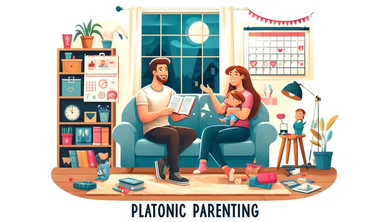 Illustration of platonic parenting showing two friends, a man and a woman, happily co-parenting a child together without a romantic relationship
