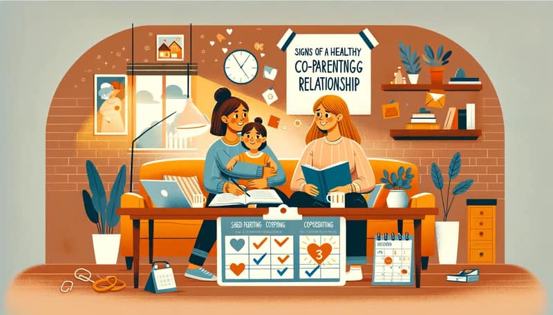 Two women demonstrating a healthy co-parenting relationship, interacting positively while their child plays nearby