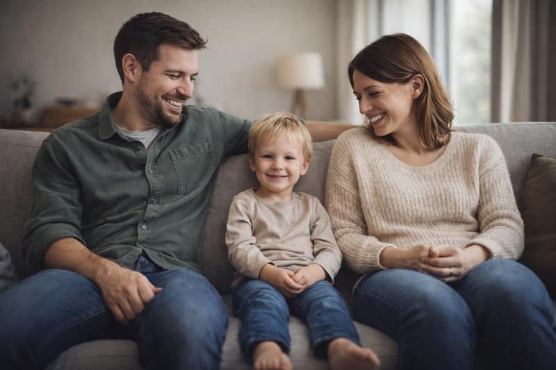 Raising child without romance parents sit with child on sofa showing cooperative parenting relationship