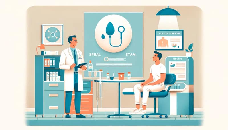 Illustration showing a man in a clean, professional clinic setting during the sperm bank collection process